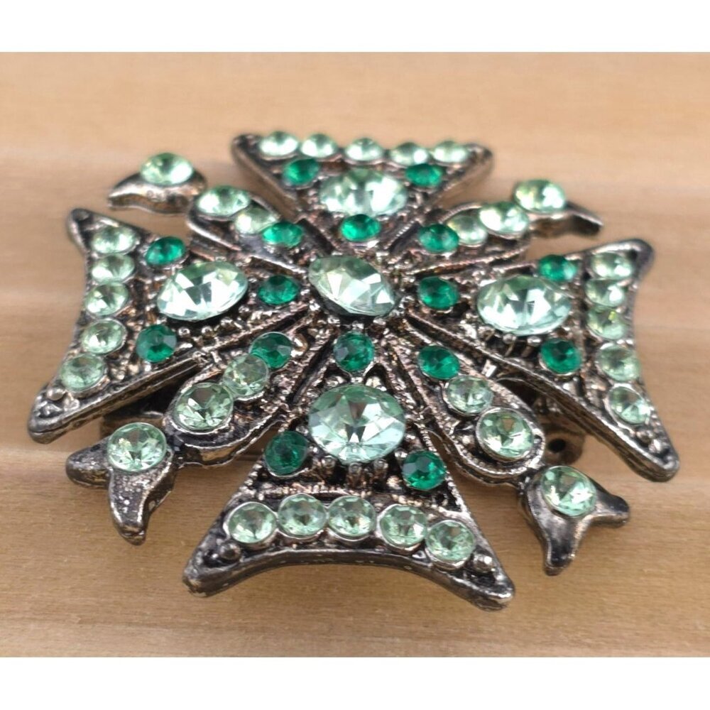 Vintage Green Rhinestone Cross Brooch Pin Statement READ - Picture 3 of 9